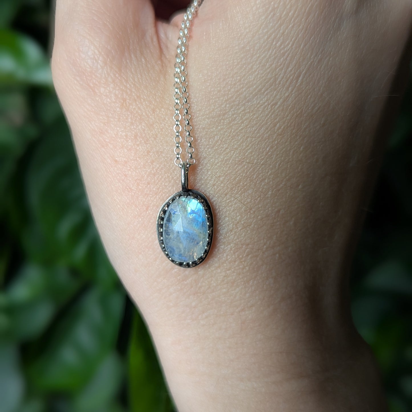 925 Sterling Silver Rainbow Moonstone Pendant Necklace 18"