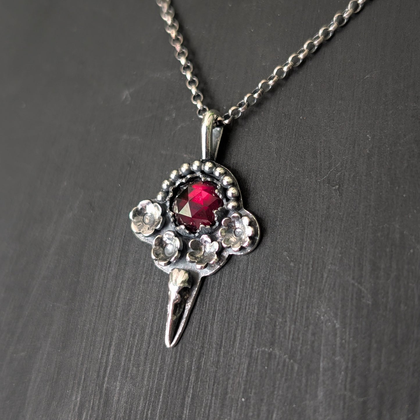 Sterling Silver Raven Rhodolite Garnet Floral Pendant Necklace