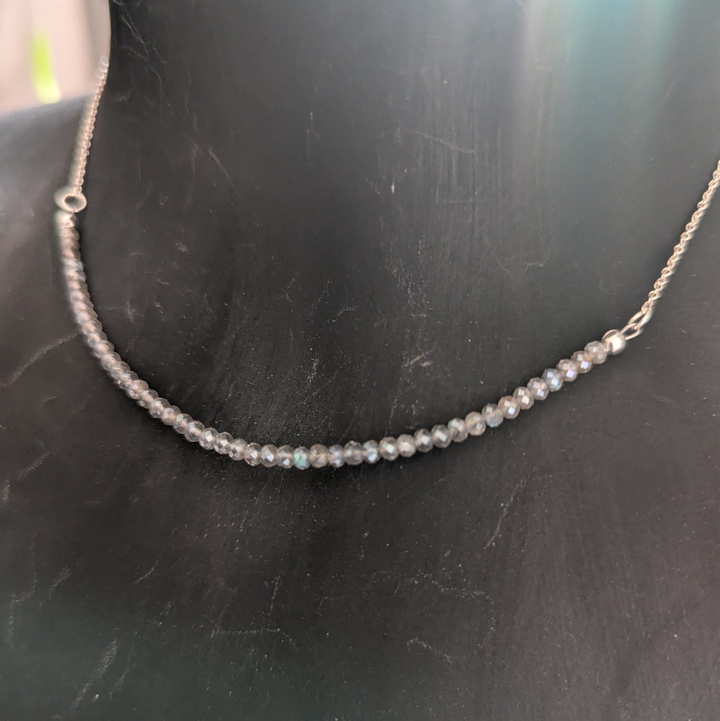 925 Sterling Silver Faceted Labradorite Dainty Choker Necklace | 15-17"