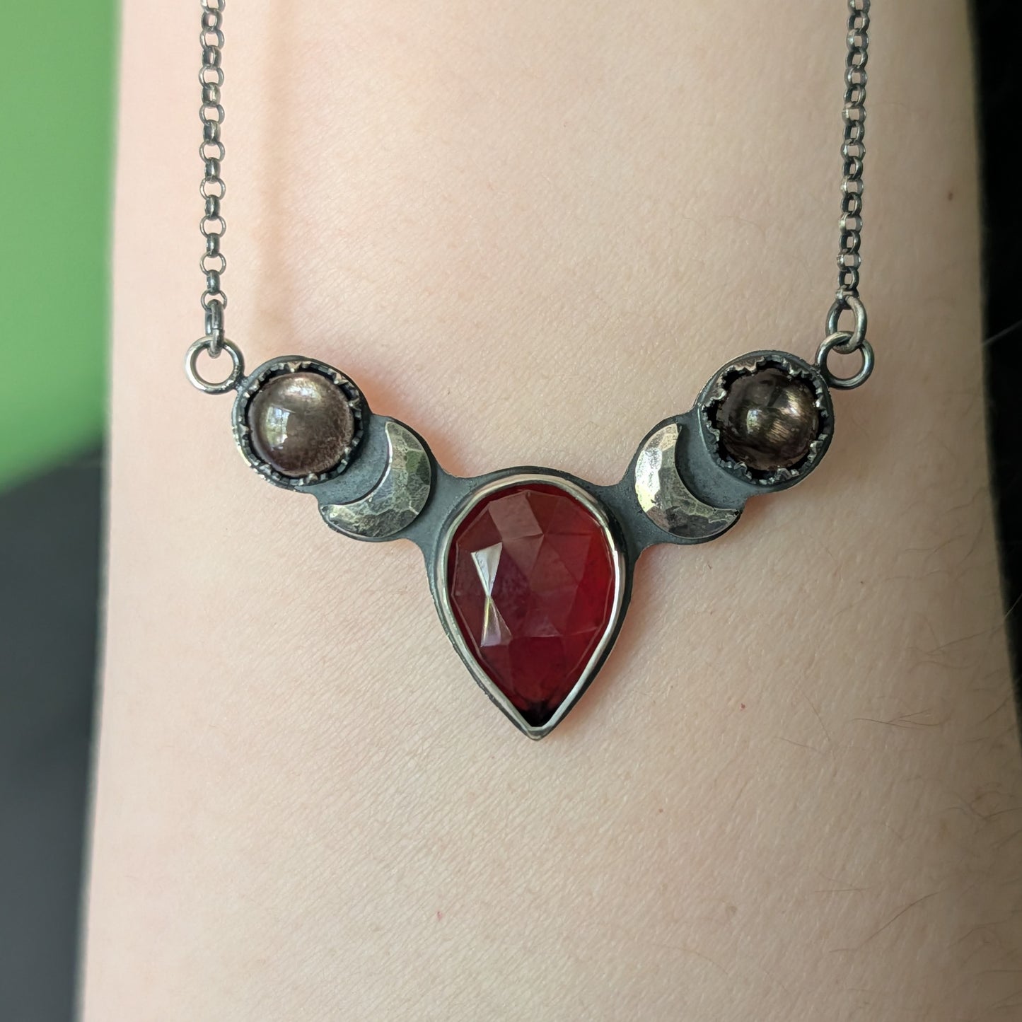 Sterling Silver Celestial Hessonite Garnet and Black Fire Moonstone Moon Phase Necklace