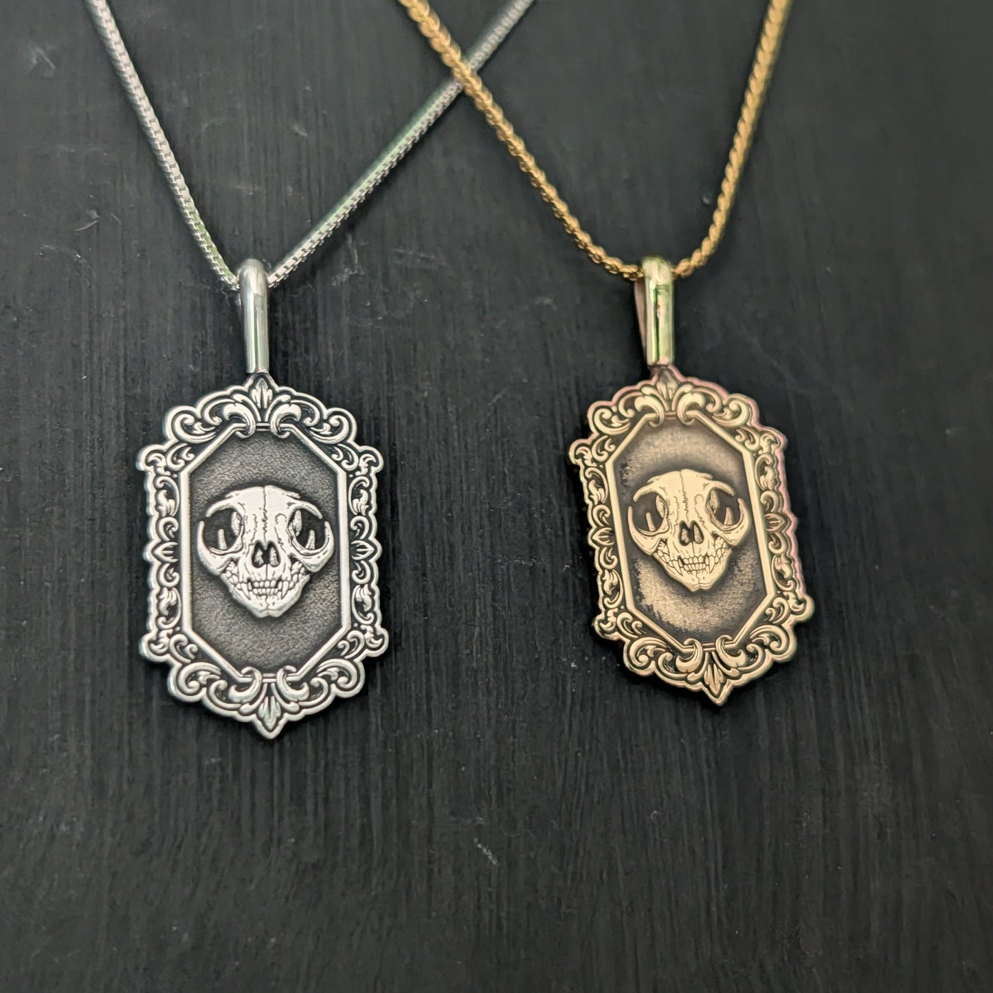 Sterling Silver Gothic Skull Cat Pendant Necklace - Custom Engraving