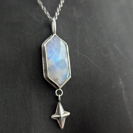 925 Sterling Silver Rainbow Moonstone Celestial Star Dainty Pendant Necklace | 18"