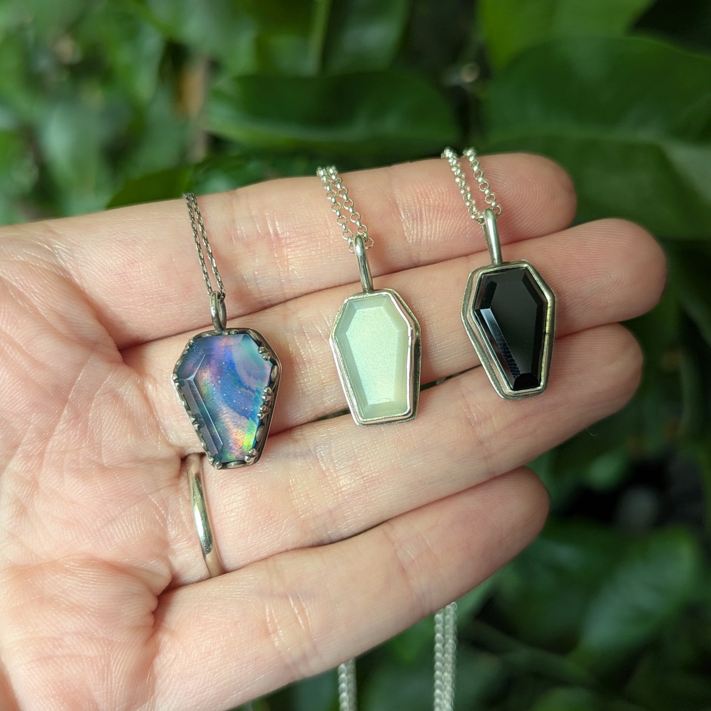 Sterling Silver Aurora Opal Coffin Pendant Necklace 18"