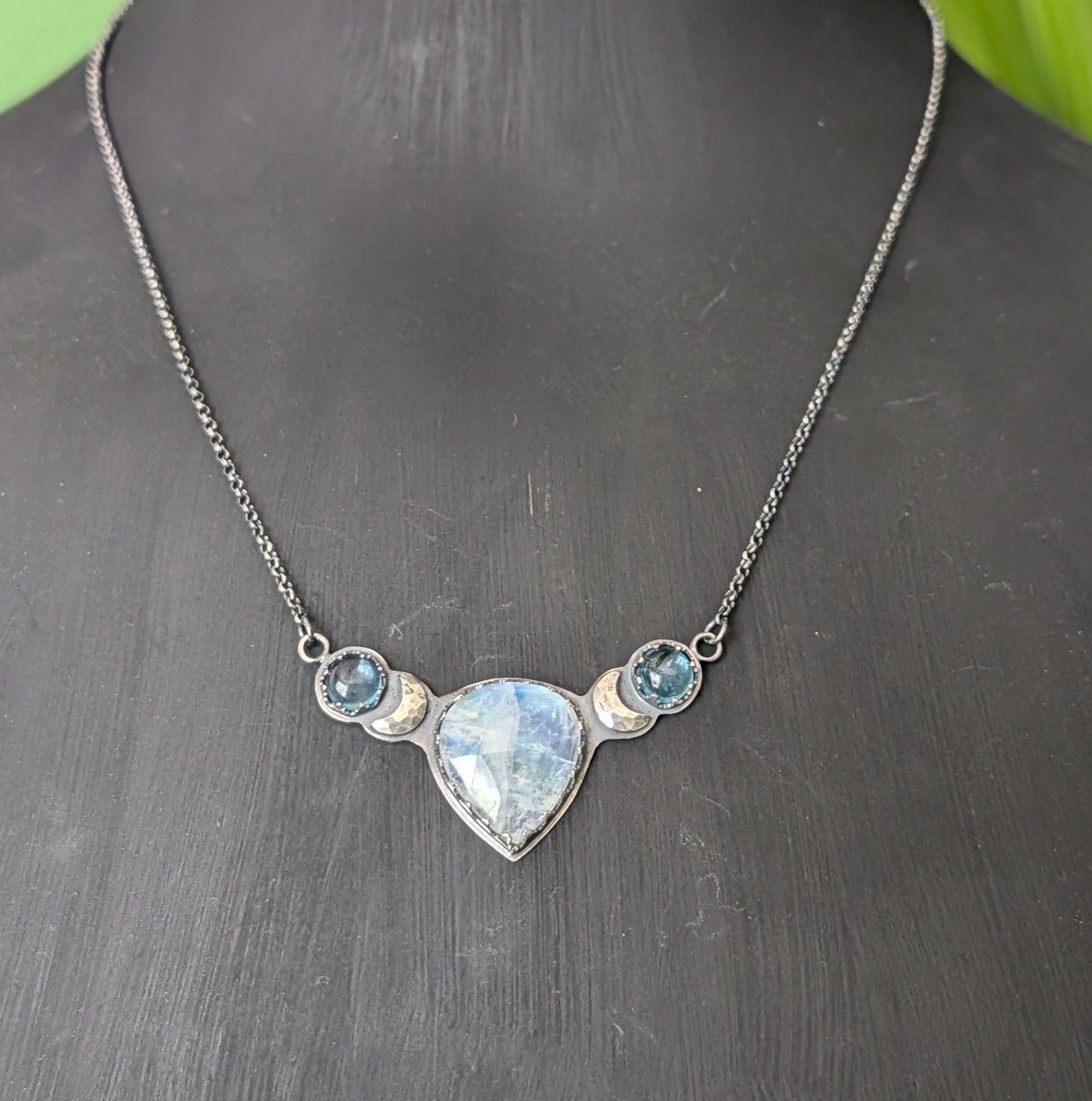 Sterling Silver Celestial Moonstone Aquamarine Moon Phase Necklace