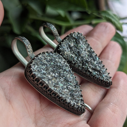 925 Sterling Silver Mica Druzy Spike Ear Hangers | Ear Weights