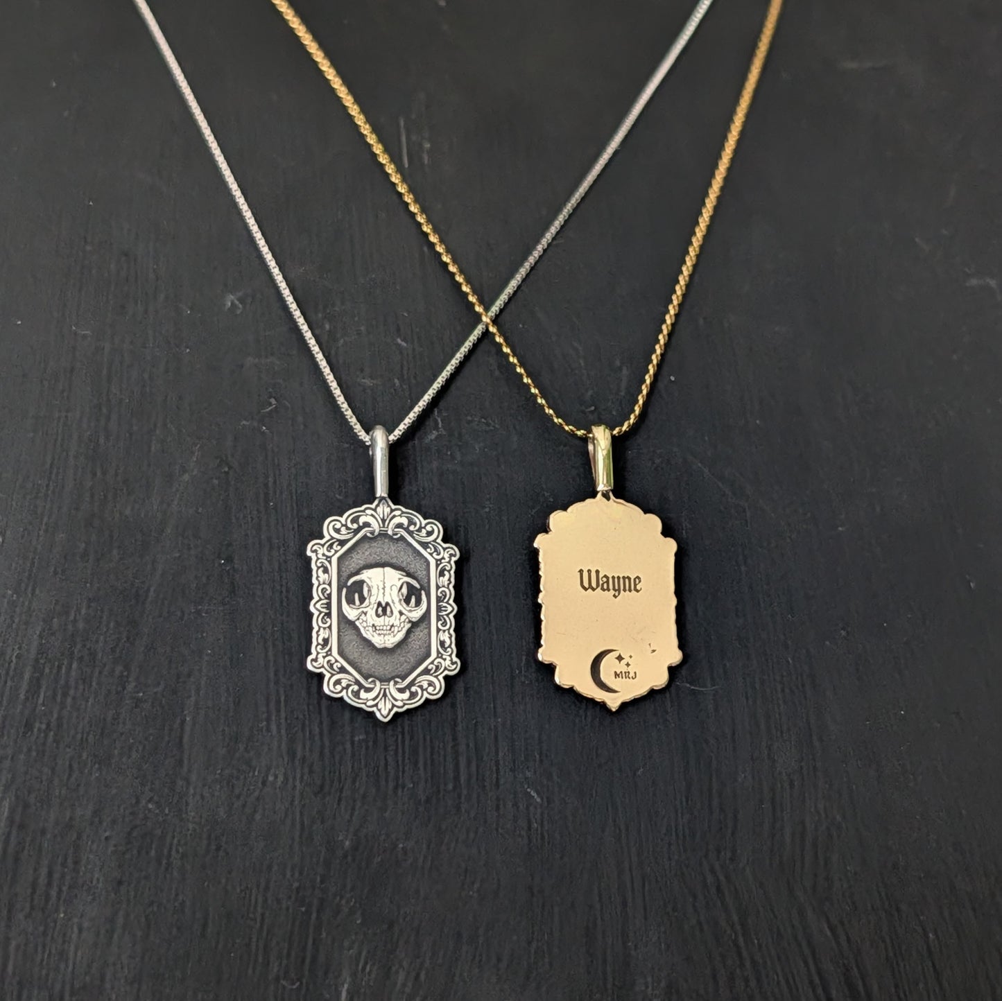 Sterling Silver Gothic Skull Cat Pendant Necklace - Custom Engraving