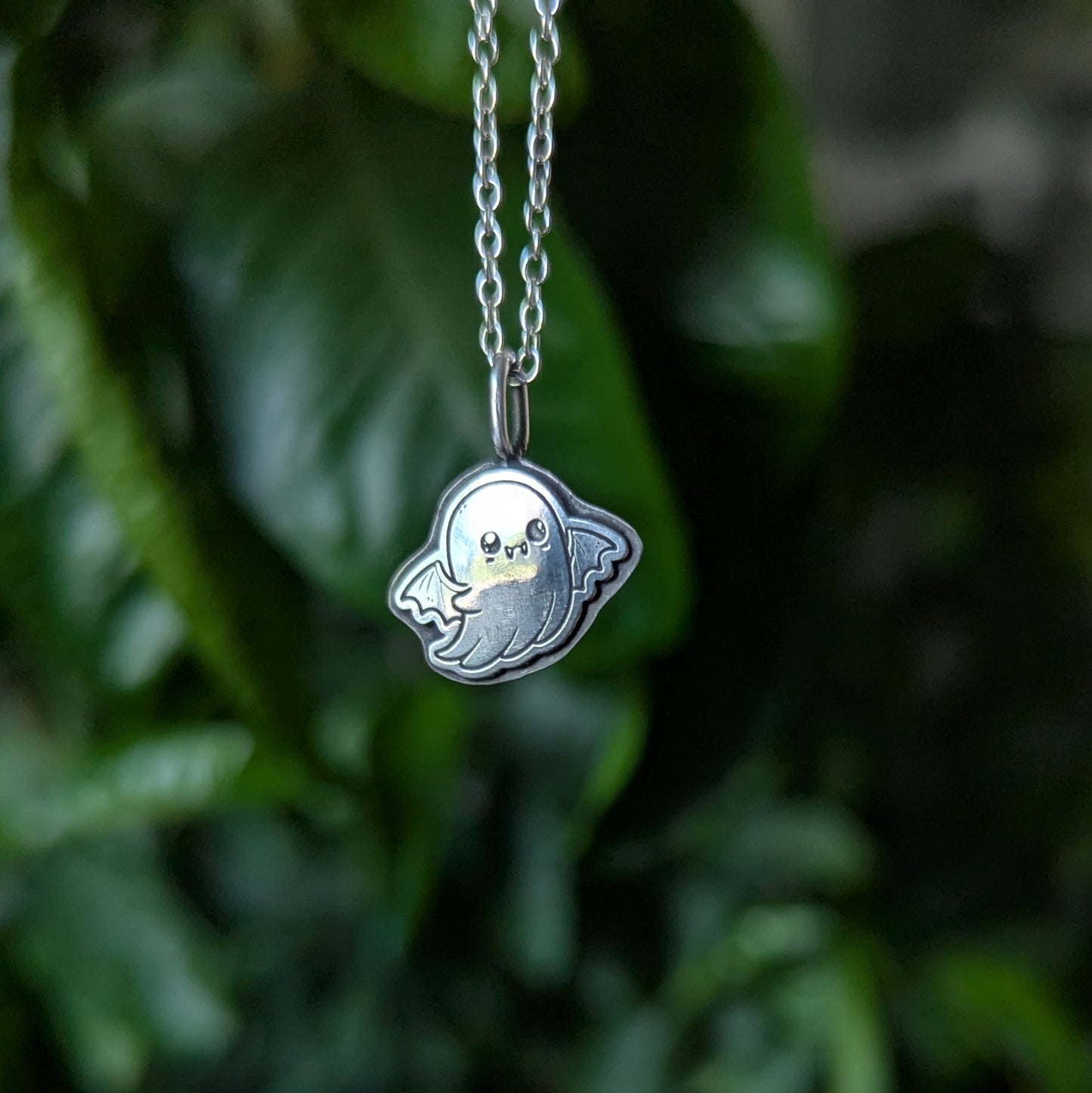 925 Sterling Silver Cute Ghost Pendant Necklace 18"