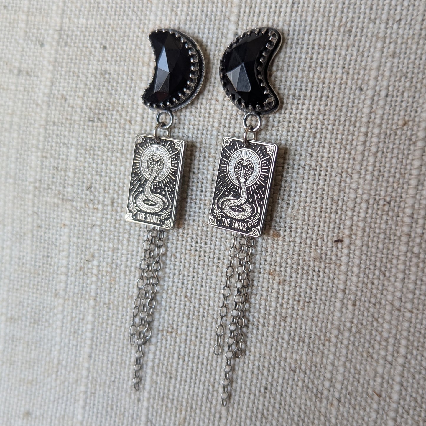 925 Sterling Silver Black Onyx Crescent Moon Snake Tarot Inspired Chain Tassel Dangle Earrings