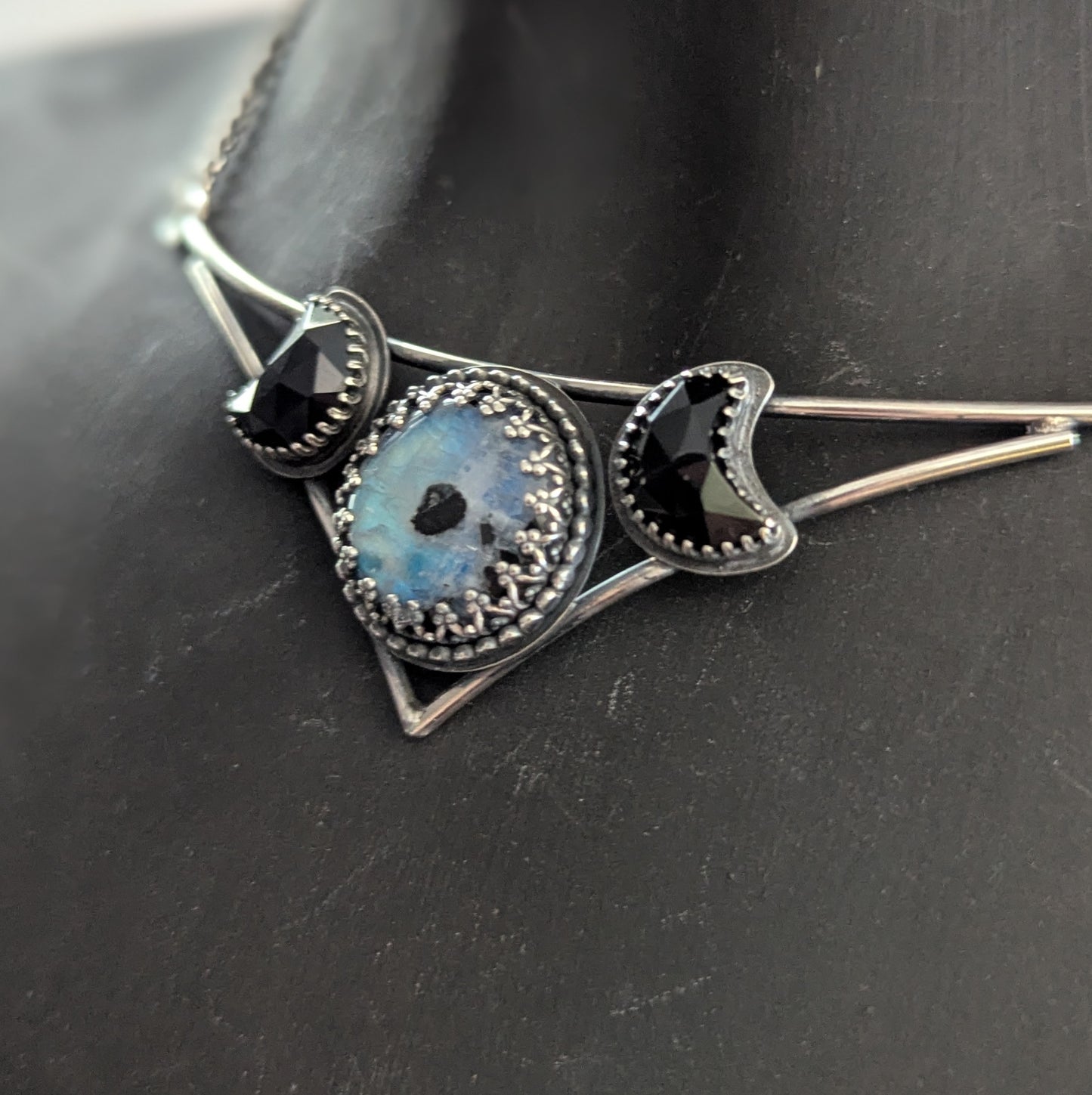 925 Sterling Silver Rainbow Moonstone and Black Onyx Crescent Moon Celestial Choker | 14"-16"