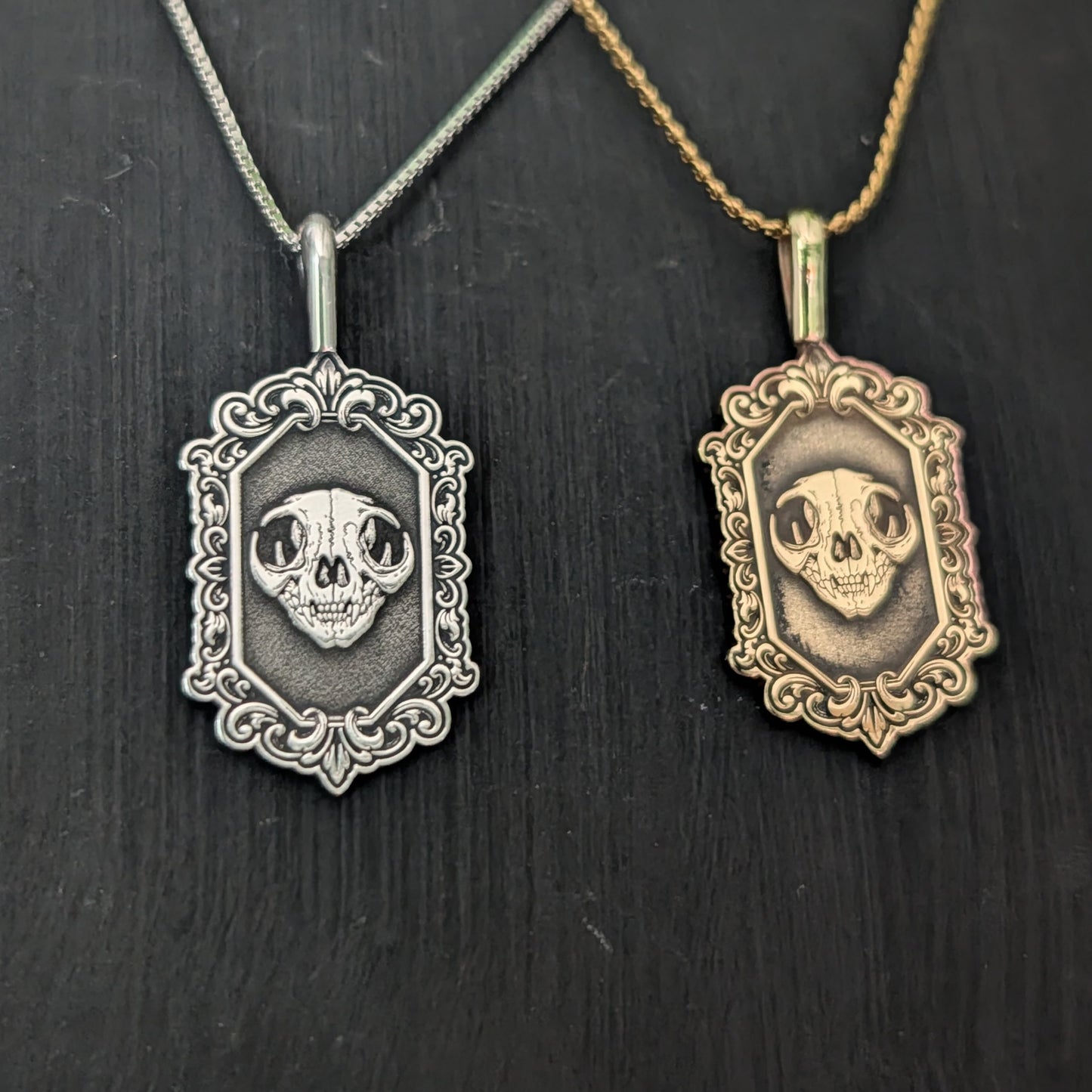 Sterling Silver Gothic Skull Cat Pendant Necklace - Custom Engraving