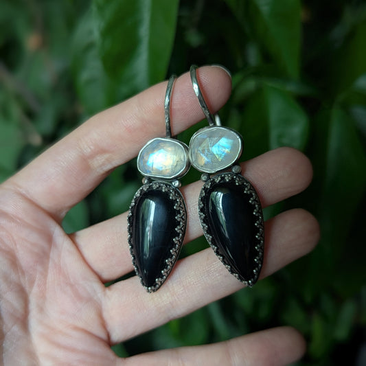 925 Sterling Silver Rainbow Moonstone and Black Onyx Stretched Ear Hangers | Ear Weights