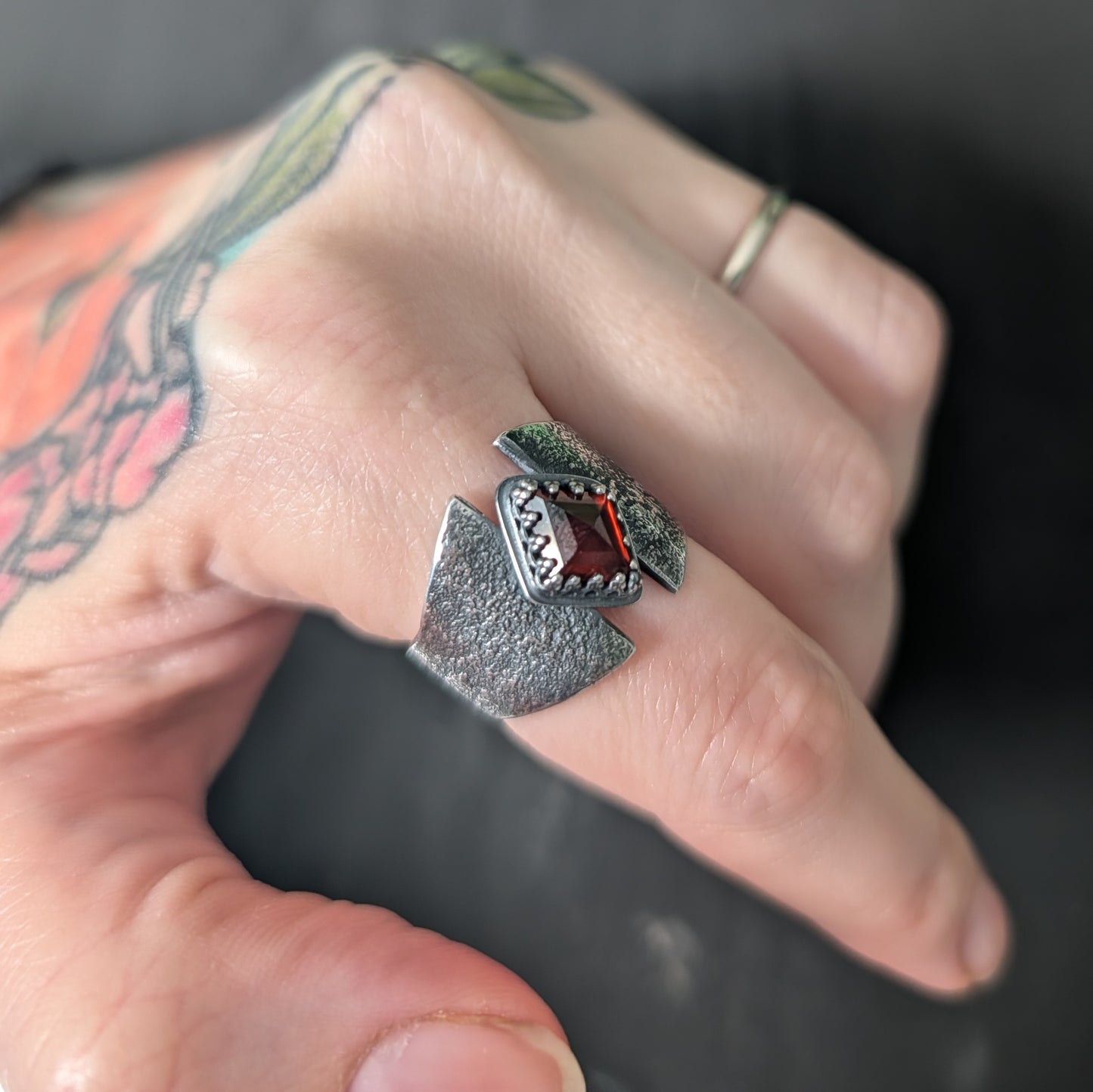 Sterling Silver Hessonite Garnet Shield Ring