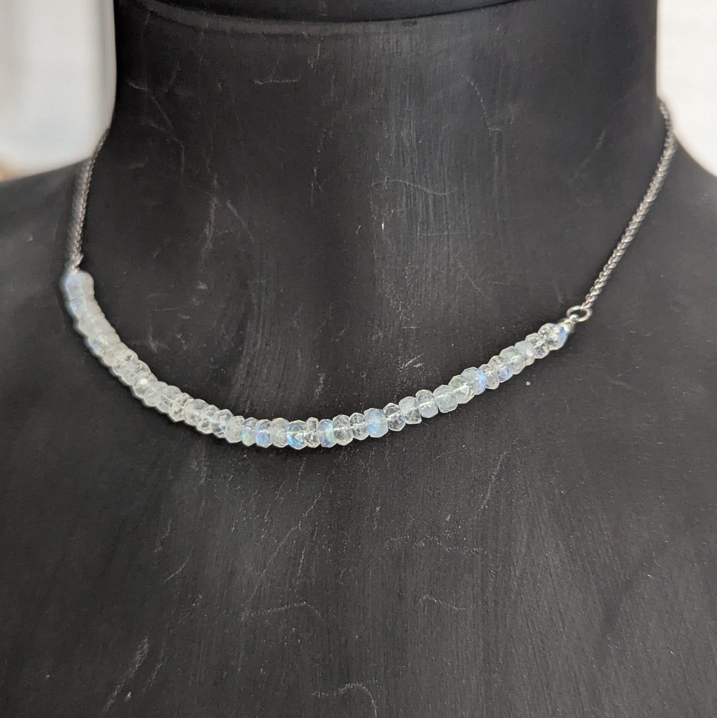 925 Sterling Silver Rainbow Moonstone Dainty Choker 15-17"