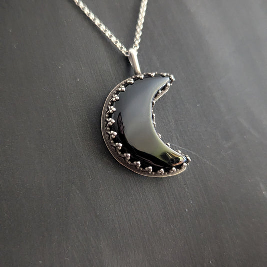 Sterling Silver Black Obsidian Crescent Moon Pendant Necklace 18"