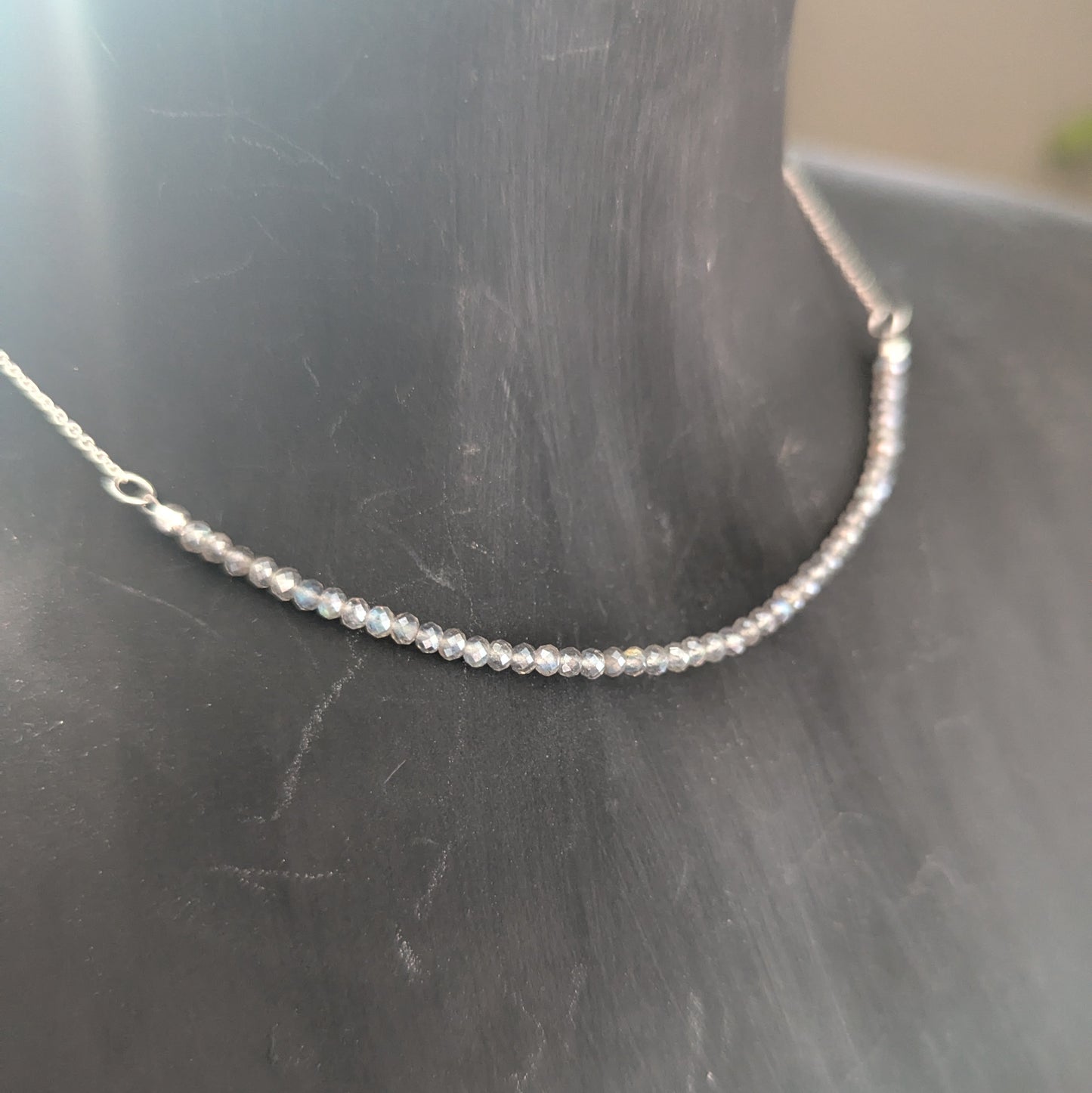 925 Sterling Silver Faceted Labradorite Dainty Choker Necklace | 15-17"