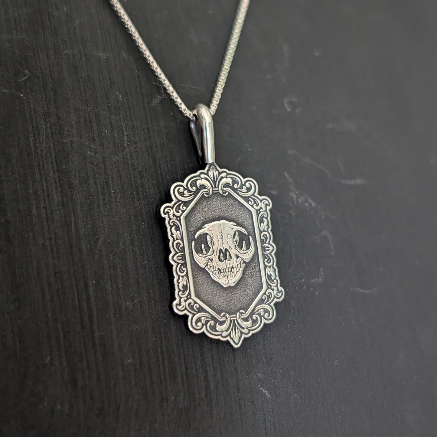 Sterling Silver Gothic Skull Cat Pendant Necklace - Custom Engraving