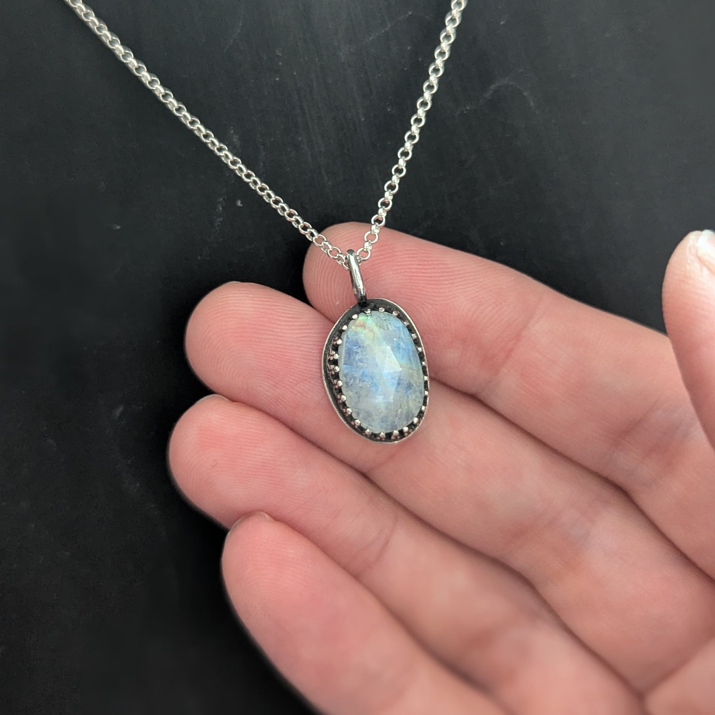 925 Sterling Silver Rainbow Moonstone Pendant Necklace 18"