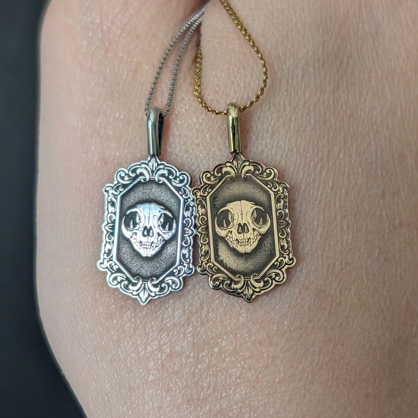 Sterling Silver Gothic Skull Cat Pendant Necklace - Custom Engraving