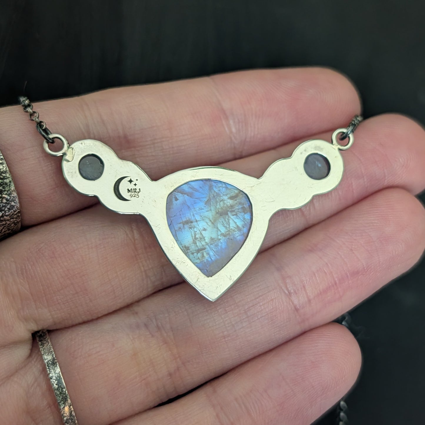 Sterling Silver Celestial Moonstone Aquamarine Moon Phase Necklace