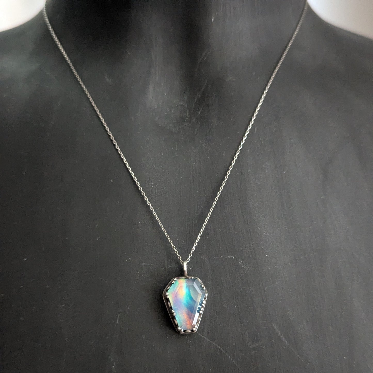Sterling Silver Aurora Opal Coffin Pendant Necklace 18"