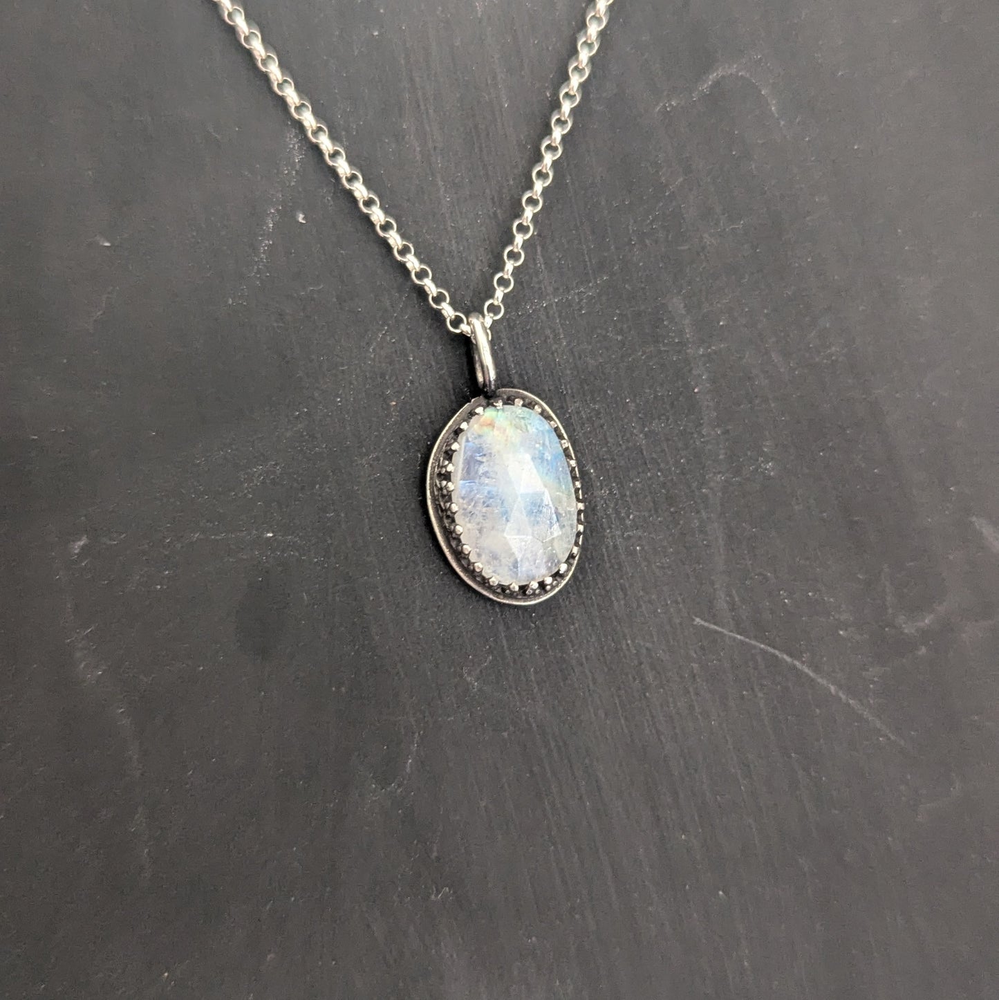 925 Sterling Silver Rainbow Moonstone Pendant Necklace 18"
