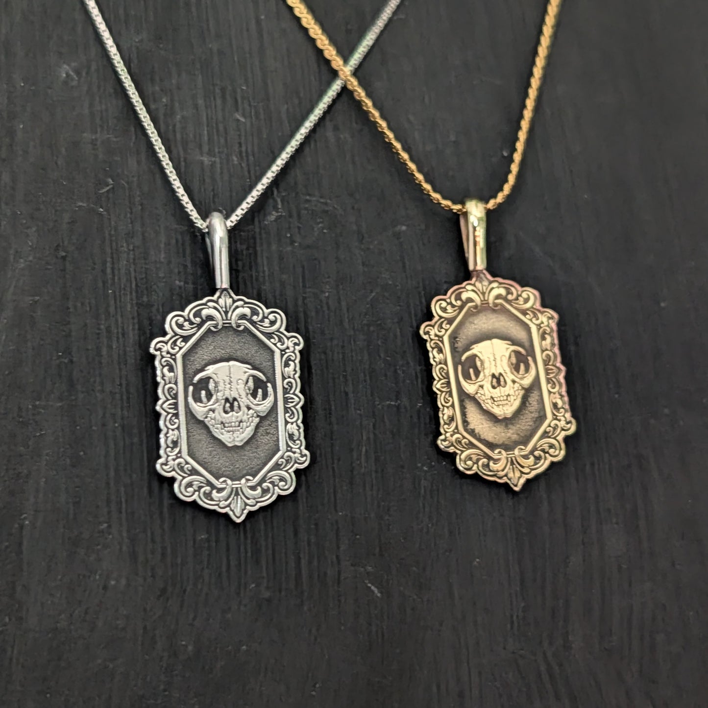 Sterling Silver Gothic Skull Cat Pendant Necklace - Custom Engraving