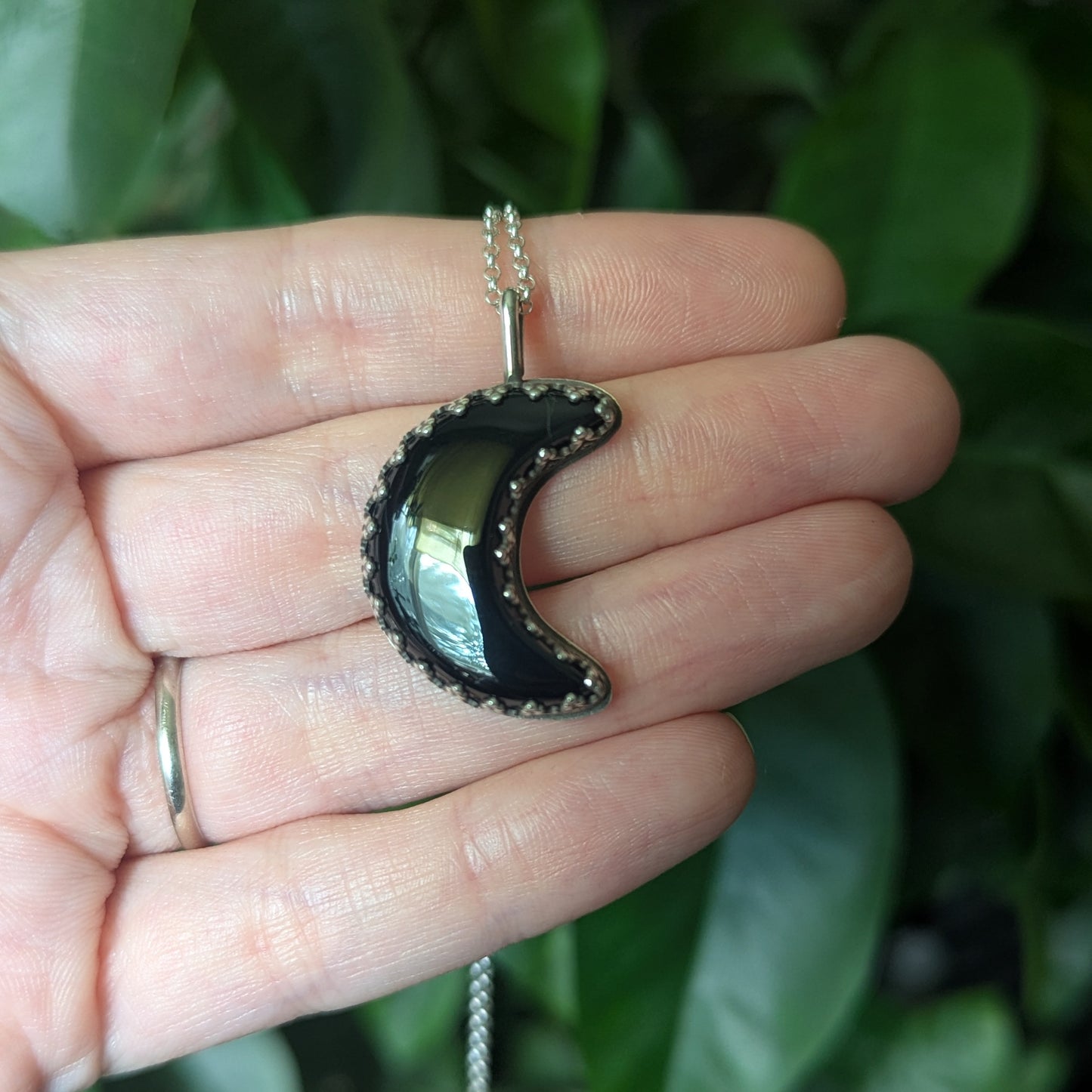Sterling Silver Black Obsidian Crescent Moon Pendant Necklace 18"