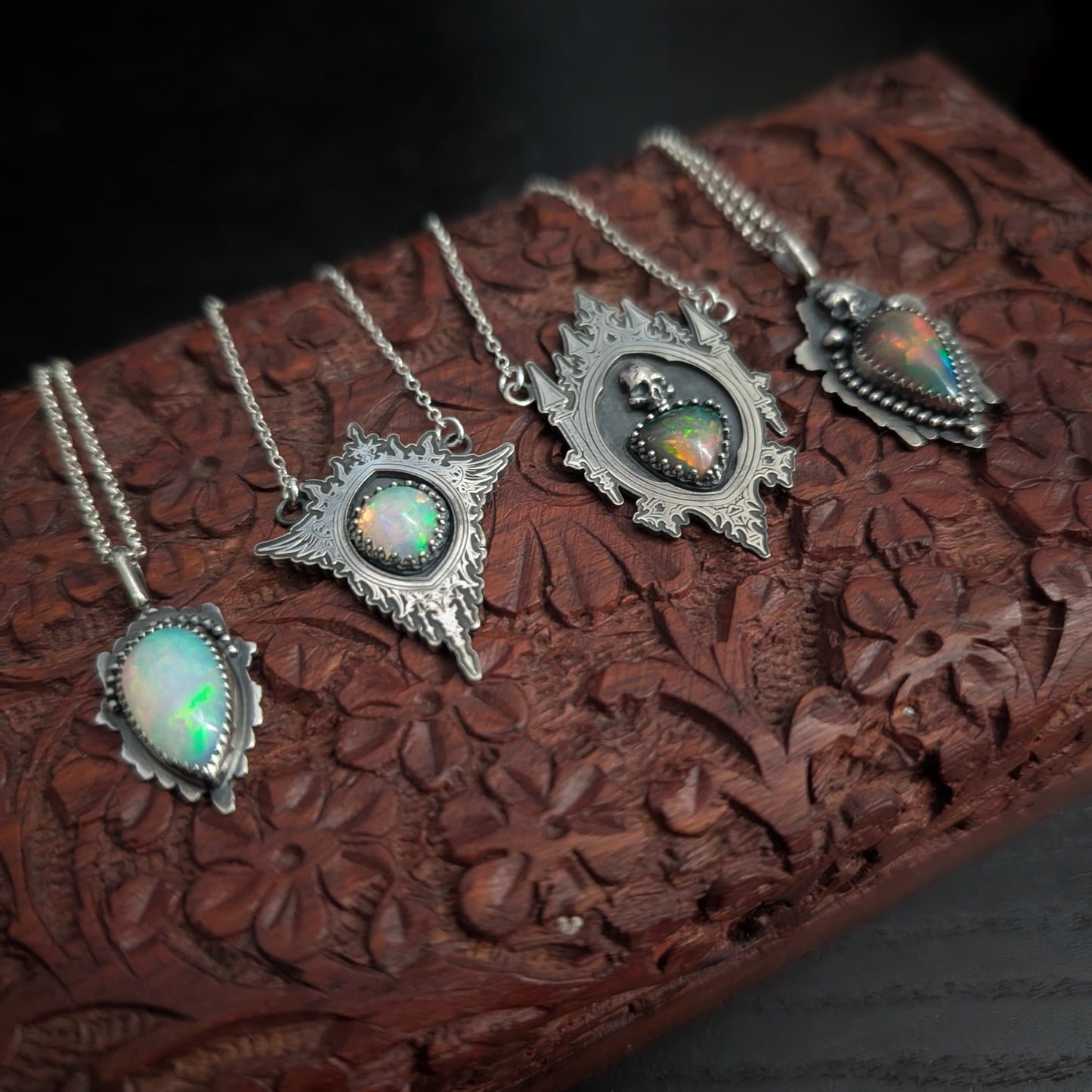 Bright Opal Gothic Mirror Pendant Necklace