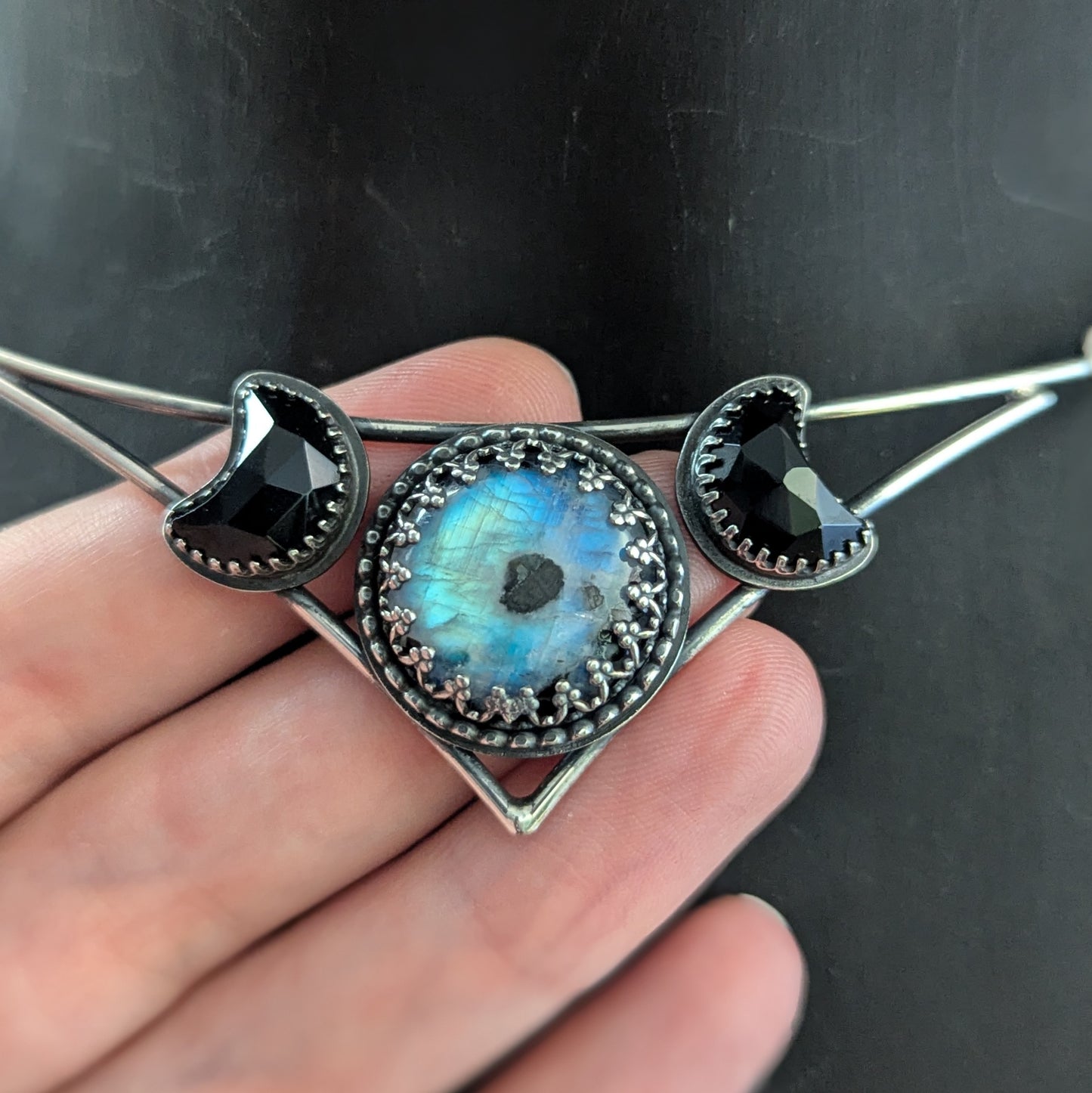 925 Sterling Silver Rainbow Moonstone and Black Onyx Crescent Moon Celestial Choker | 14"-16"