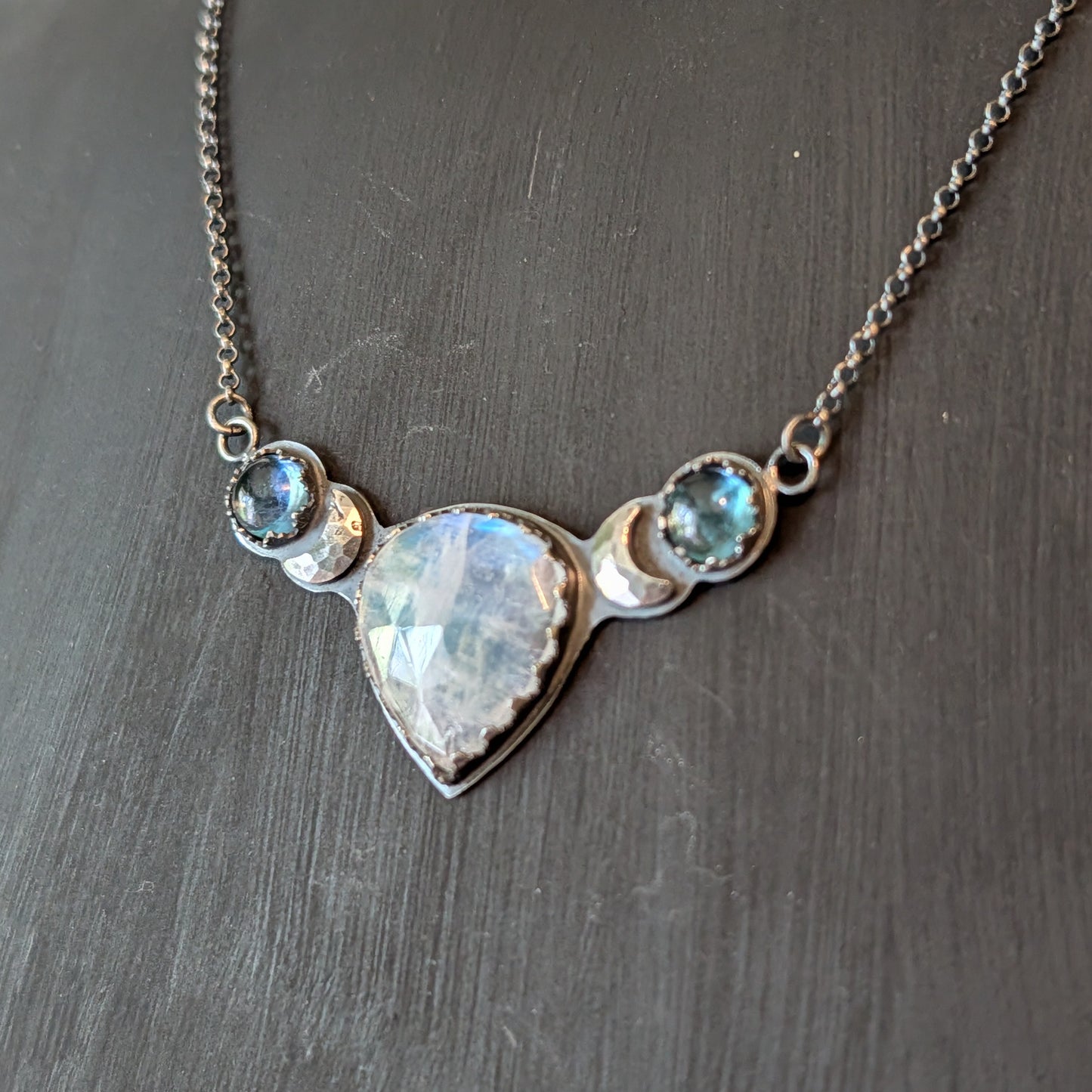 Sterling Silver Celestial Moonstone Aquamarine Moon Phase Necklace