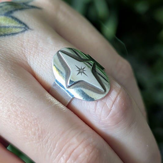 Sterling Silver Celestial Star Wide Band Saddle Ring
