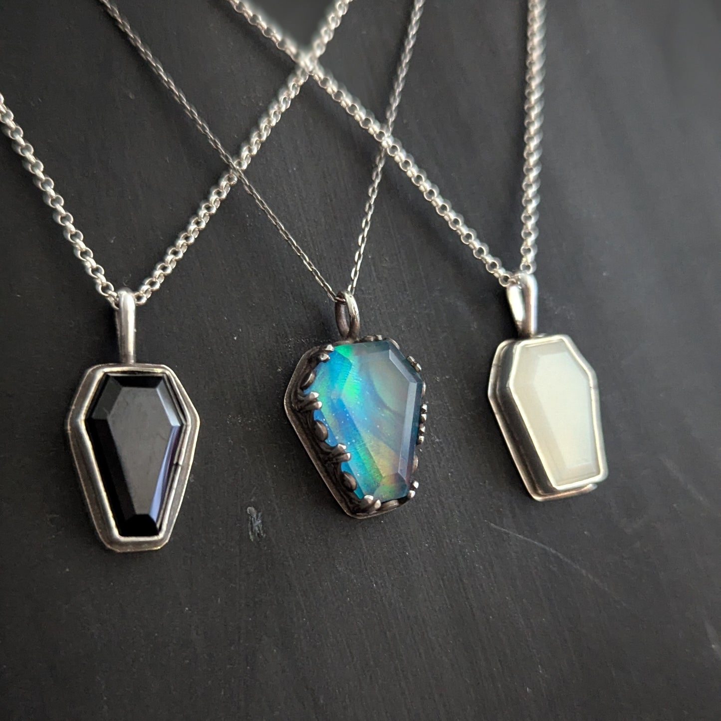 Sterling Silver Aurora Opal Coffin Pendant Necklace 18"