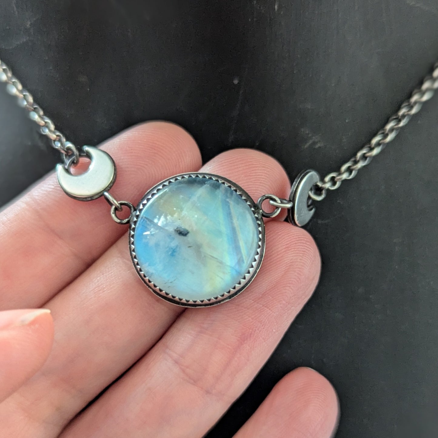 925 Sterling Silver Rainbow Moonstone Dainty Celestial Necklace | 15-17"