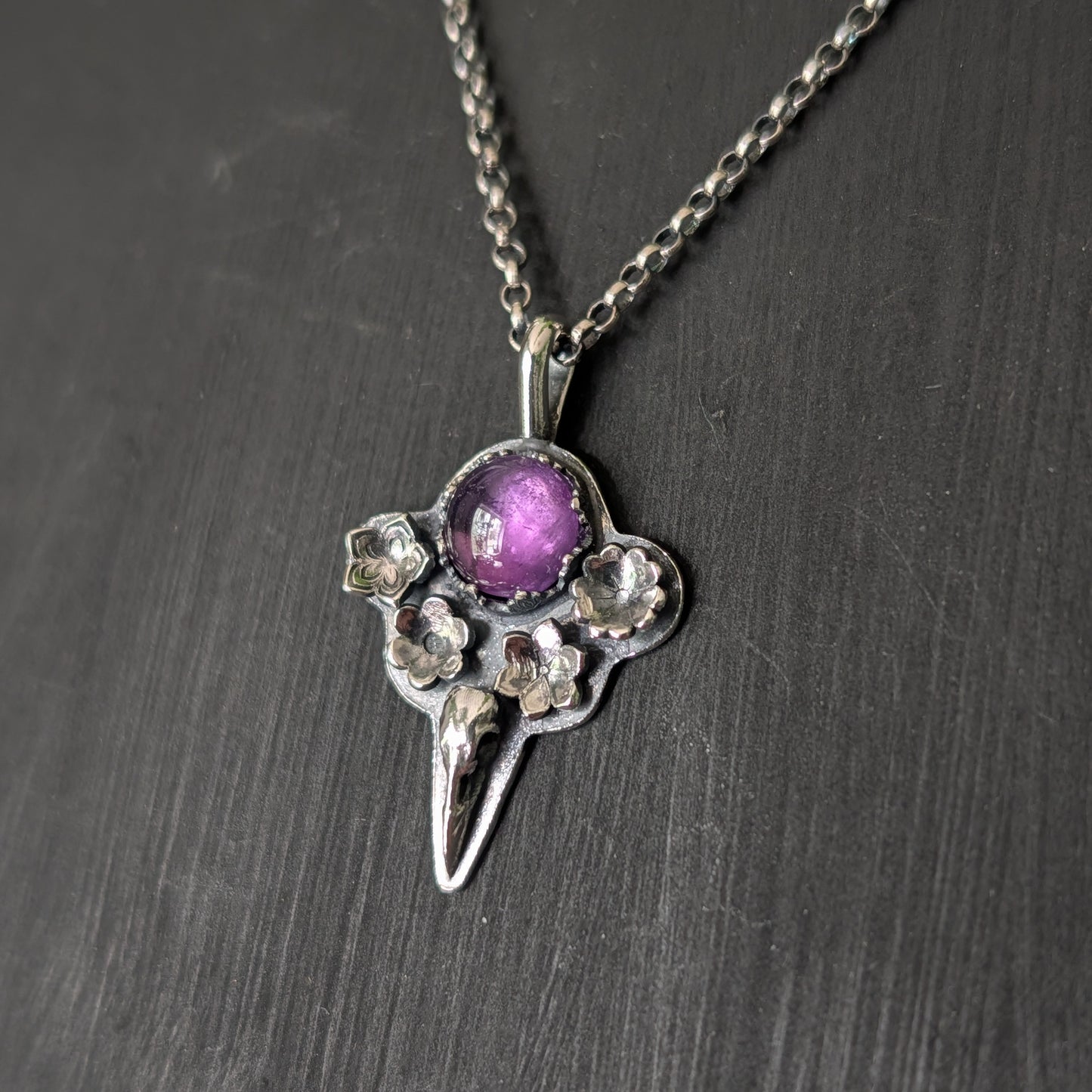 Sterling Silver Raven Amethyst Floral Pendant Necklace