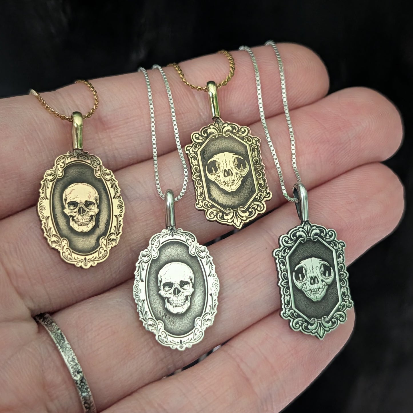 Sterling Silver Gothic Skull Cat Pendant Necklace - Custom Engraving