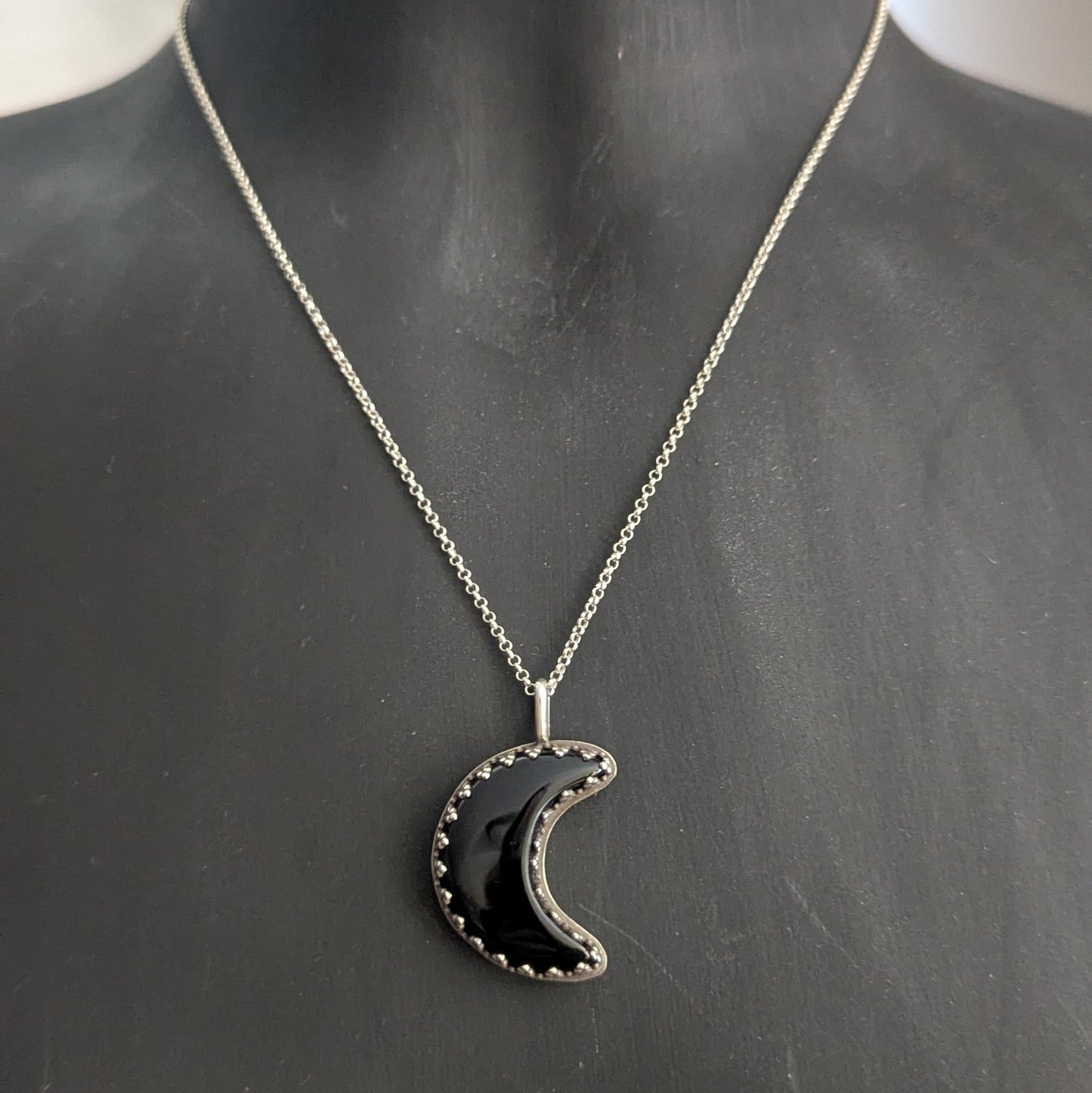 Sterling Silver Black Obsidian Crescent Moon Pendant Necklace 18"