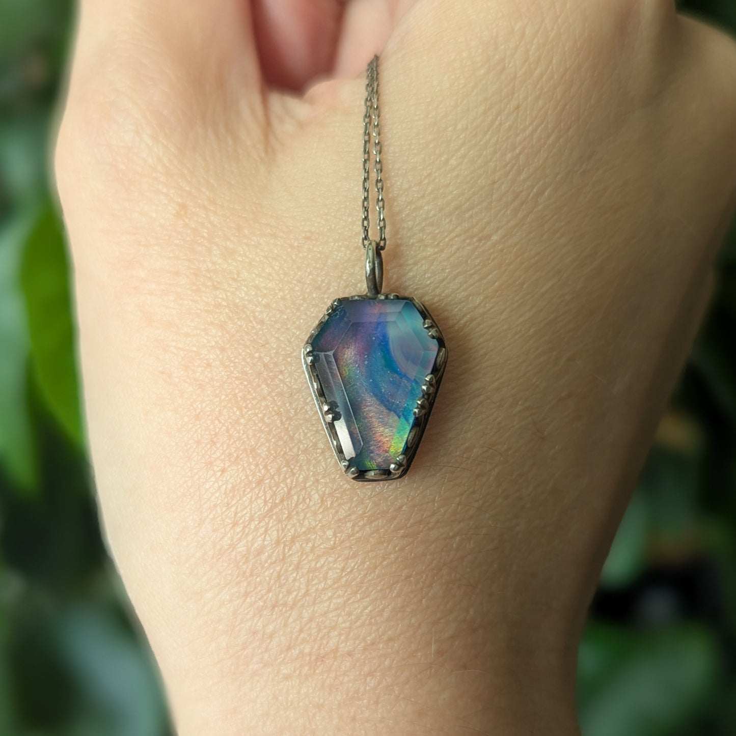 Sterling Silver Aurora Opal Coffin Pendant Necklace 18"