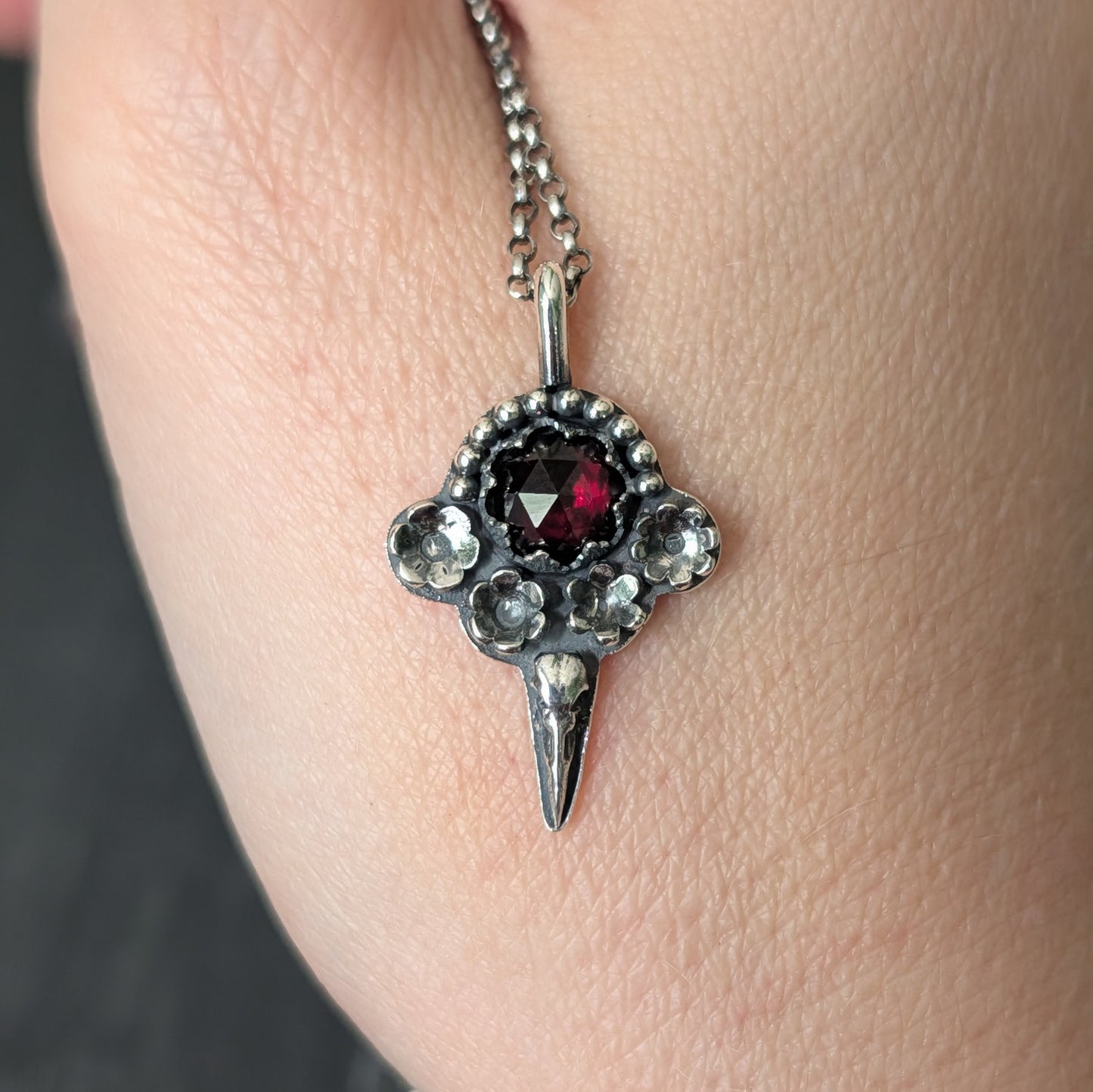 Sterling Silver Raven Rhodolite Garnet Floral Pendant Necklace