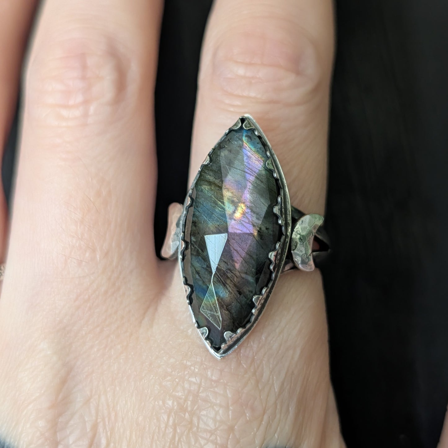 Sterling Silver Labradorite Spectrolite Crescent Moon Celestial Ring