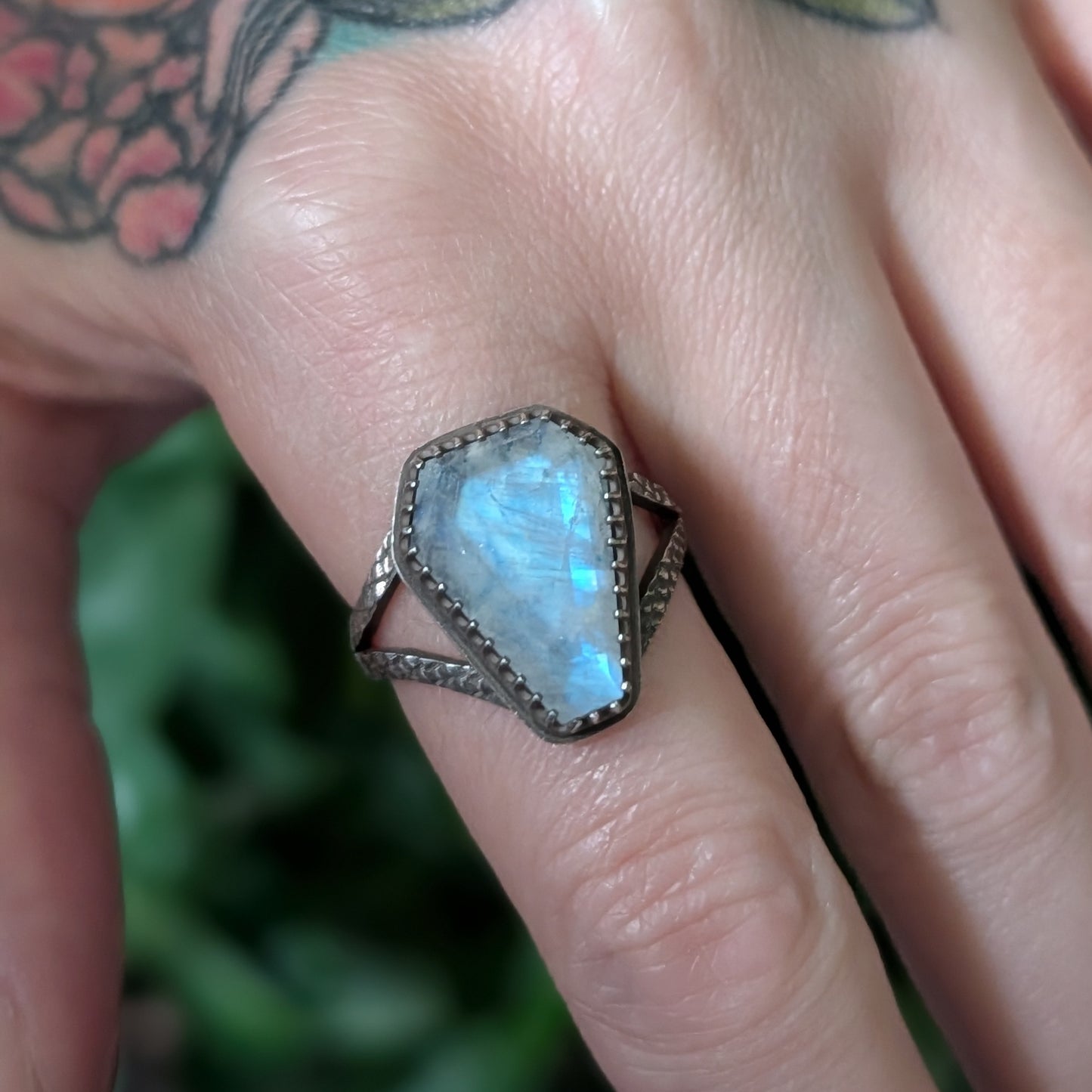 Sterling Silver Rainbow Moonstone Coffin Ring US/CA Size 8