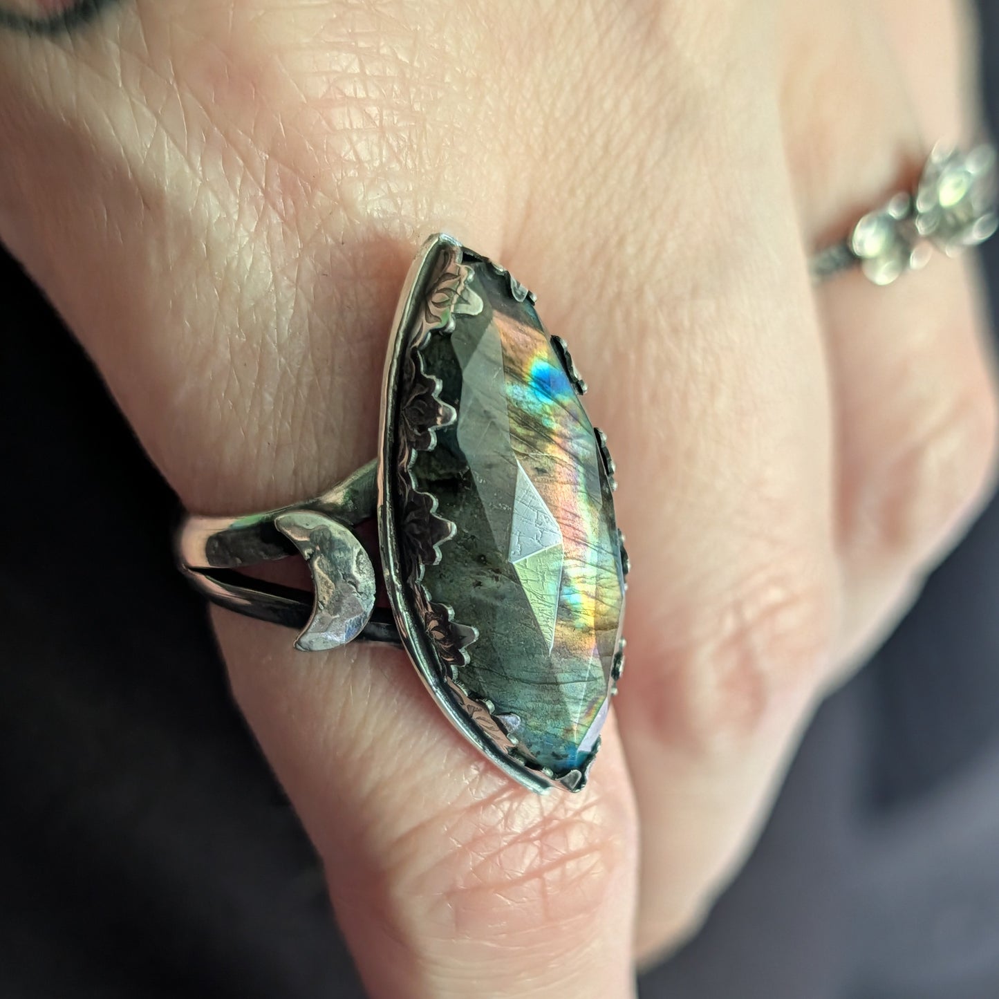 Sterling Silver Labradorite Spectrolite Crescent Moon Celestial Ring